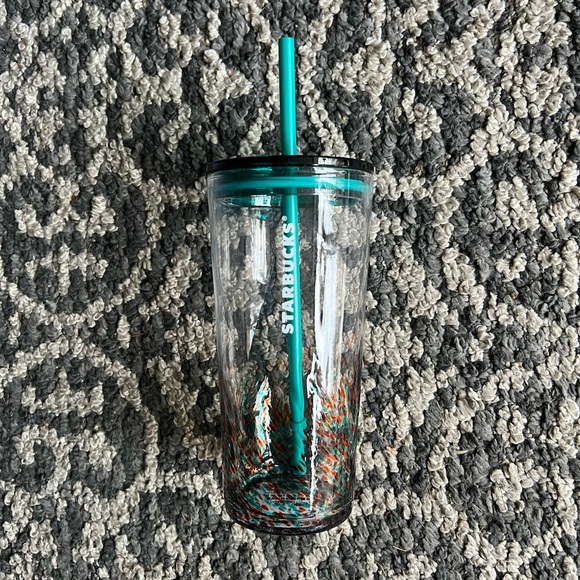 Starbucks Glass Tumbler with Teal and Orange Design - Picture 1 of 5